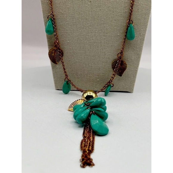 Boho Leaf & Teardrop Charm Necklace - Gold Tone and Faux Turquoise      N27 - Picture 1 of 7